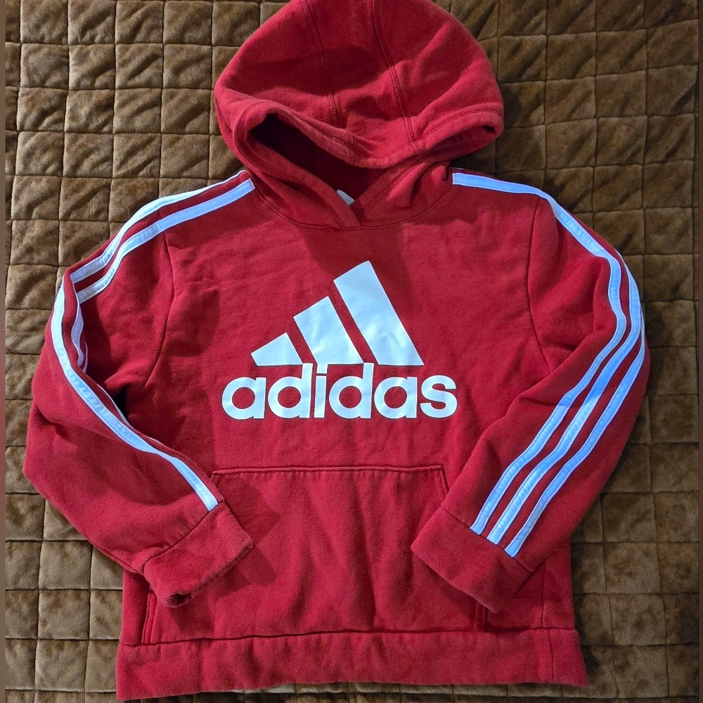 Adidas Pullover Hoodie | Girls Medium 9/10 | Red with White Stripes